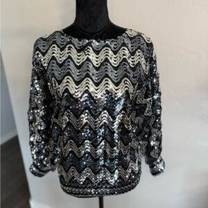 Vintage Glamorous Sequin Chevron Dolman Sleeve Blouse in Black and Silver. M
